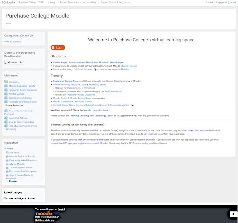 SUNY Purchase Moodle homepage